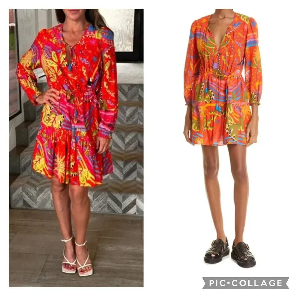 Farm Rio Magic Forest Cotton Mini Dress V-Neck Long Sleeve Beaded Tassels sz M - Picture 4 of 16